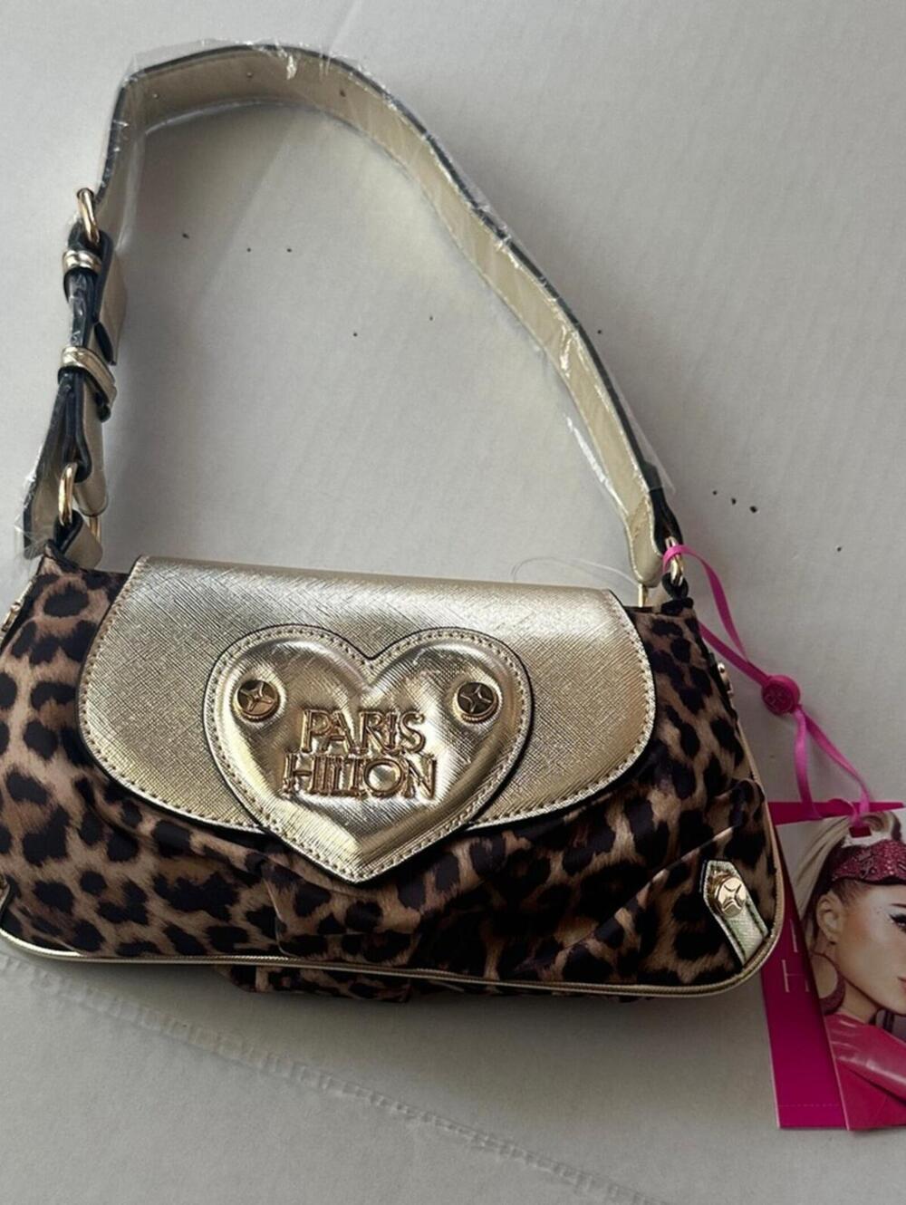 Paris Hilton New With Tags Leopard Print Gold Heart Baguette Shoulder Bag - Picture 7 of 15